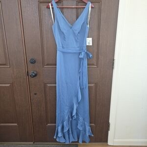 David's Bridal Blue High Low Wrap Dress
